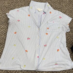 Laura Ashley Blue Striped Pajama Top with Colorful Embroidery